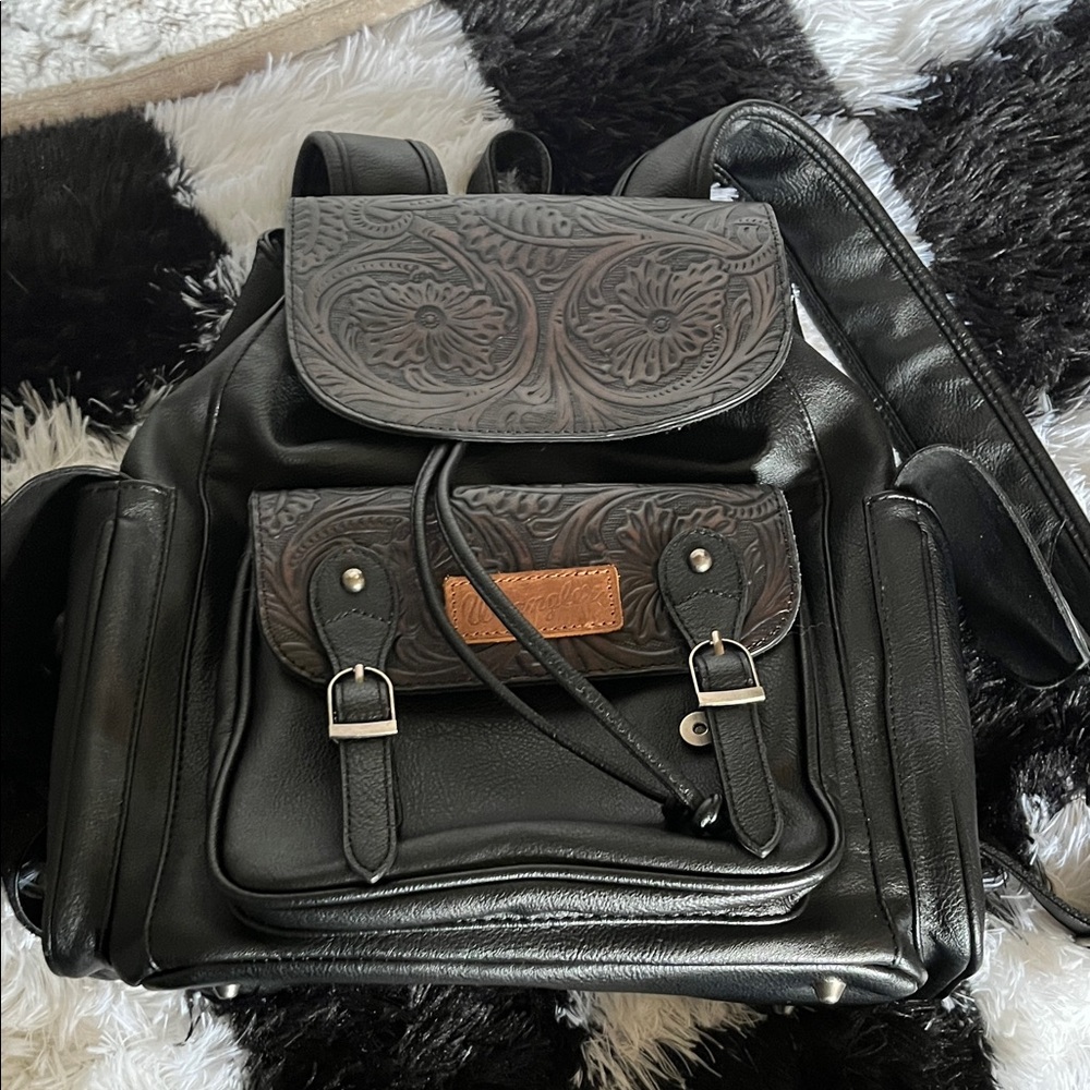 Wrangler Black Leather Backpack with Brown Floral-Tooled Flap